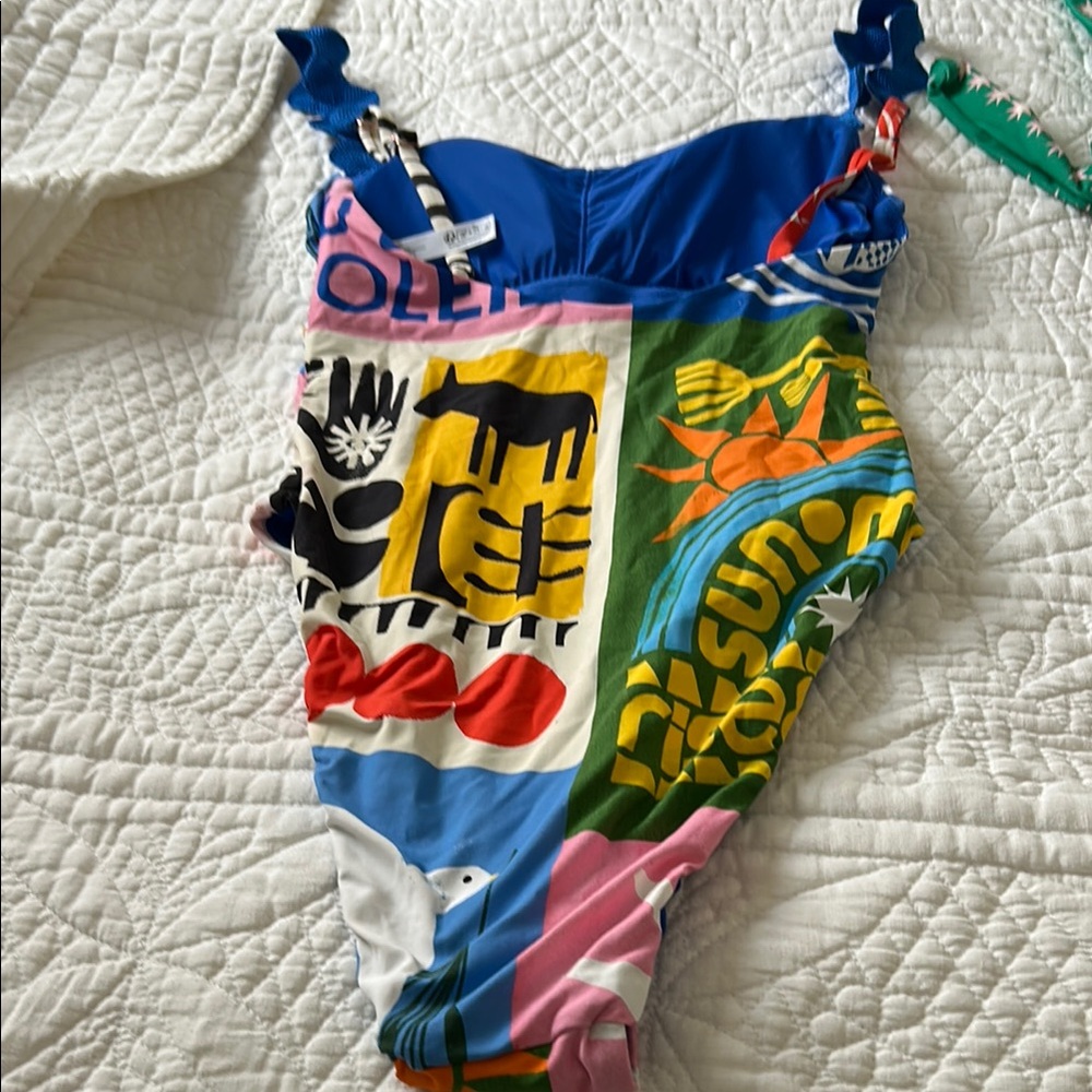 Anthropologie Bold Patchwork Blue, Green & Pink One-Piece Swimsuit - Picture 3 of 6